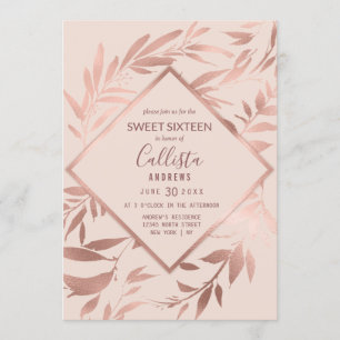 Elegante Roze Gouden Roze Bloemige Bladeren Zoete  Kaart