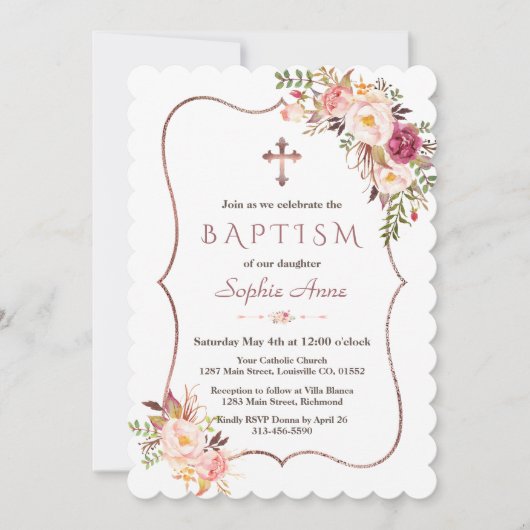 Elegante Roze Gouden Roze Bloemige Doop  Kaart (Voorkant)