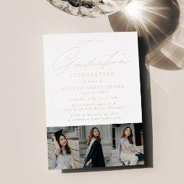 Elegante Roze Gouden Script 3 Foto Afstudeerfeest Folie Uitnodiging
