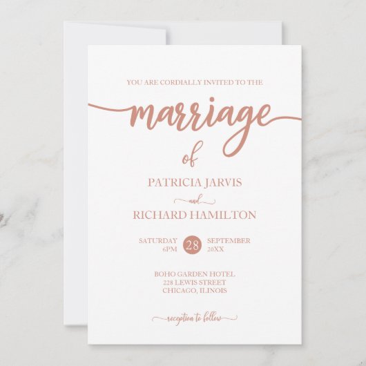 Elegante Roze Gouden Script Bruiloft Kaart (Voorkant)