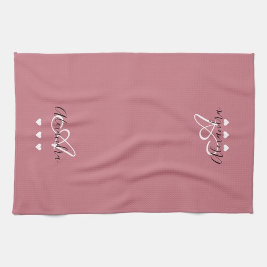 Elegante Roze Gouden Script Naam Monogram Vrouweli Theedoek (Horizontaal)