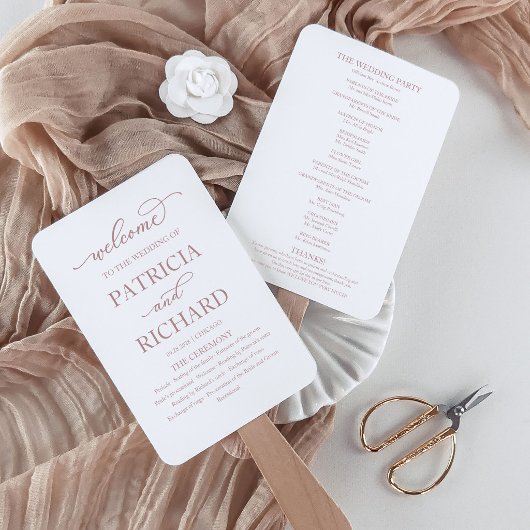 Elegante roze gouden script trouwprogramma handven handwaaier