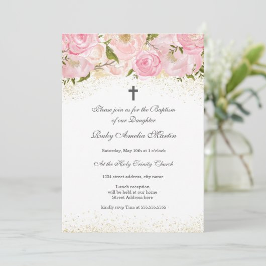 Elegante Roze Gouden Sparkle Roos Doopuitnodiging Kaart (Staand voorkant)