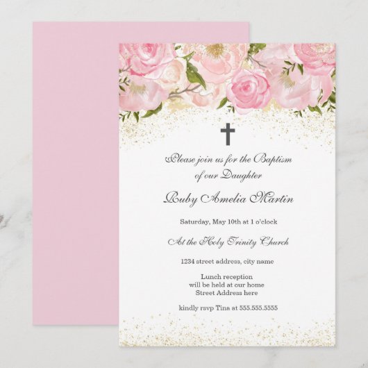 Elegante Roze Gouden Sparkle Roos Doopuitnodiging Kaart (Voorkant / Achterkant)