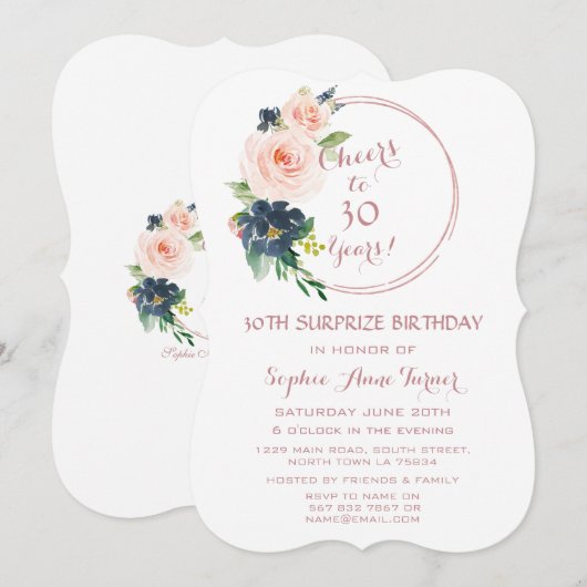 Elegante Roze Gouden Struik Blauwe Bloemen 30e Ver Kaart (Voorkant / Achterkant)