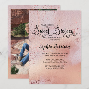 Elegante Roze Gouden Sweet 16 Foto Uitnodiging