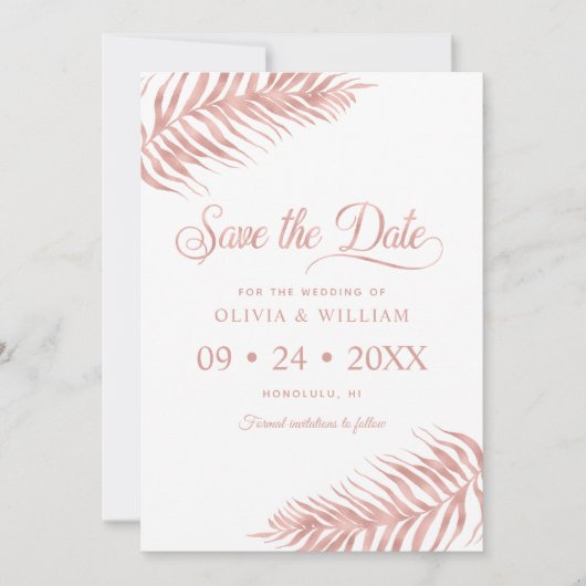 Elegante Roze Gouden Tropische Palmblad Huwelijksa Save The Date (Voorkant)