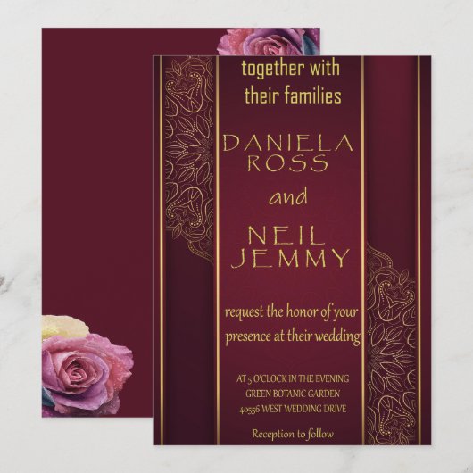 Elegante roze gouden trouwfolie uitnodiging (Voorkant / Achterkant)