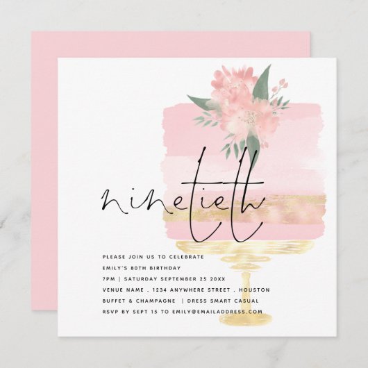 Elegante Roze Gouden Verjaardagstaart 90ste Partij Kaart (Voorkant / Achterkant)