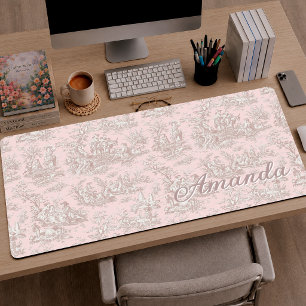 Elegante Roze Gouden Vintage Franse Toile Monogram Bureaumat
