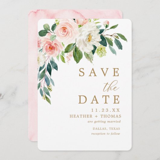 Elegante Roze Gouden Waterverf Bloemen Bruiloft Save The Date (Voorkant / Achterkant)