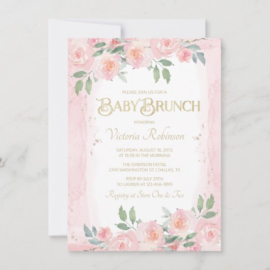 Elegante roze gouden Waterverf Floral Baby Brunch Kaart (Voorkant)