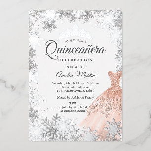 Elegante Roze Gouden Winter Sneeuwvlok Quinceanera Folie Uitnodiging