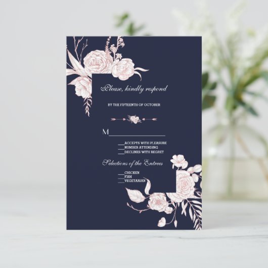 Elegante Roze Gouden Witte Bloemen Lijst Bruiloft RSVP Kaartje (Staand voorkant)