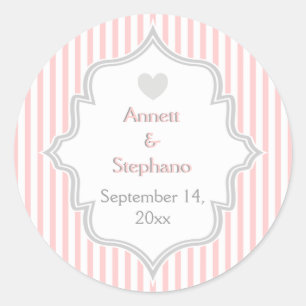 Elegante roze, grijze strepen bruiloft Save the Da Ronde Sticker