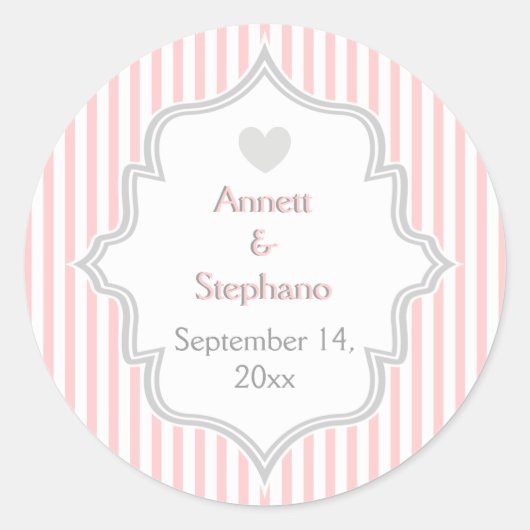 Elegante roze, grijze strepen bruiloft Save the Da Ronde Sticker (Voorkant)