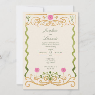 Elegante Roze Groen en Goud Handgetekende Waterver Kaart
