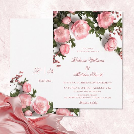 Elegante Roze Groene 3D Rozen Bruiloft Kaart