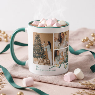 Elegante Roze Groene Aquarel Lint Kerst Foto Mok