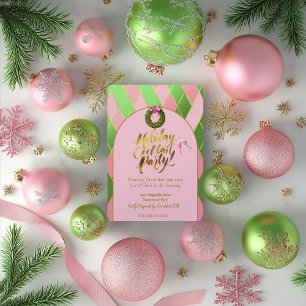 Elegante Roze & Groene Argyle Kerst Cocktailparty Kaart