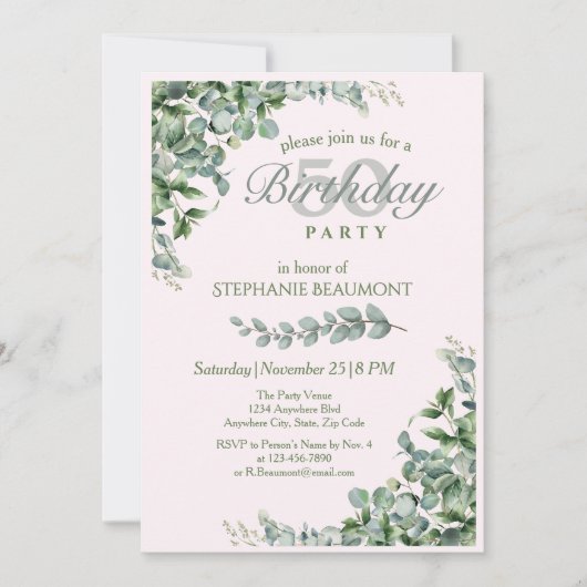 Elegante roze groene bloem 50e verjaardag van vrou kaart (Voorkant)