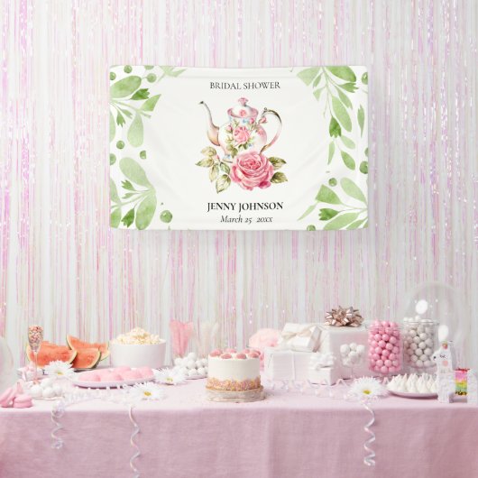 Elegante Roze Groene Bloem Bloemen Bruiloft Feest Spandoek (Feest)