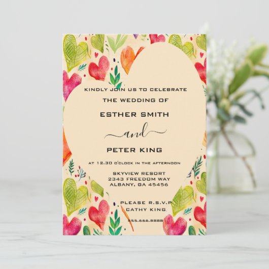 Elegante Roze & Groene Bloemen Harten Arbor Weddin Kaart (Staand voorkant)