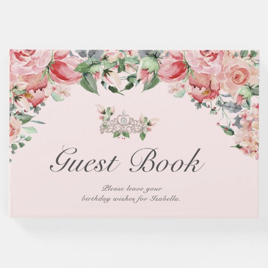 Elegante roze & groene bloemen Quinceañera Guest B Gastenboek (Voorkant)