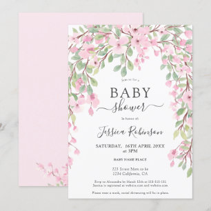Elegante roze groene bloemen waterverf baby shower kaart