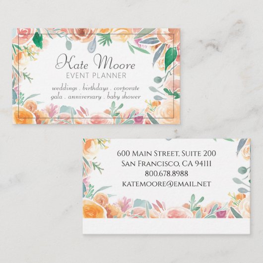 Elegante roze groene bloemenborder evenementenplan visitekaartje (Voorkant / Achterkant)