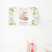 Elegante Roze Groene Bloemige Bloemen Bruiloft Spandoek (Insitu)