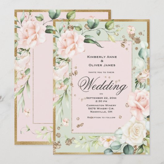 Elegante Roze Groene Blos Florale Trouw Uitnodigin Kaart (Voorkant / Achterkant)