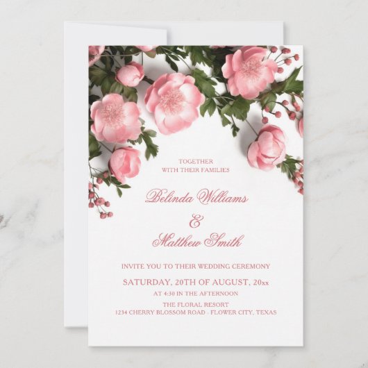 Elegante Roze Groene Elementen 3D Rozen Bruiloft Kaart (Voorkant)