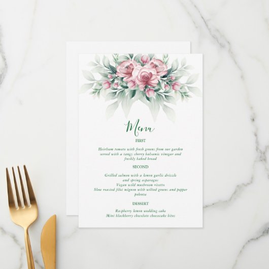 Elegante Roze Groene Moderne Huwelijk Menu (Voorkant / Achterkant in situ)