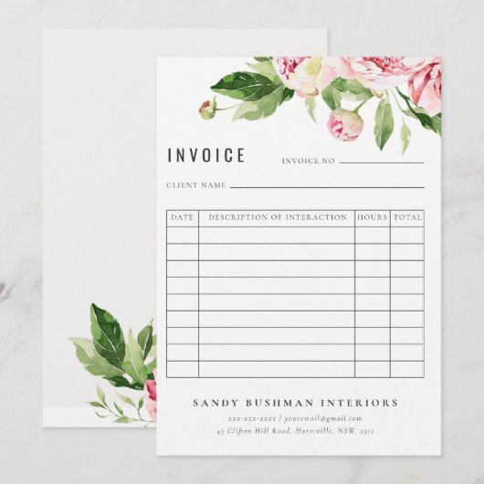 Elegante roze groene pioen bloemenfactuur ontvangs kaart (Voorkant / Achterkant)