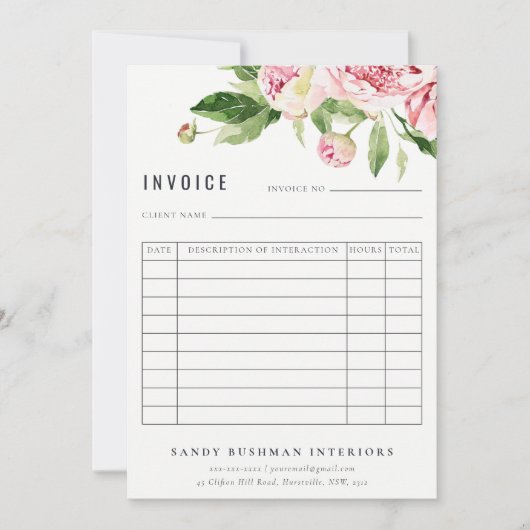 Elegante roze groene pioen bloemenfactuur ontvangs notitiekaartje (Voorkant)