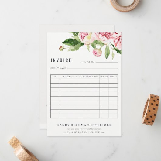 Elegante roze groene pioen bloemenfactuur ontvangs notitiekaartje (Voorkant / Achterkant in situ)