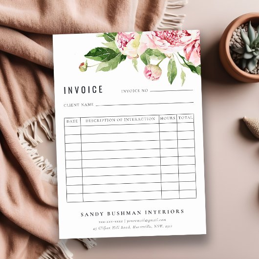 Elegante roze groene pioen bloemenfactuur ontvangs notitiekaartje