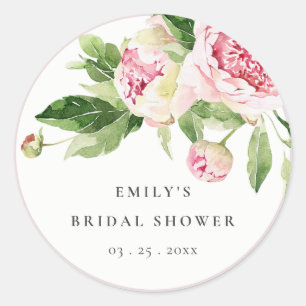 Elegante Roze Groene Pioen Bloemige Bruiloftsdouch Ronde Sticker