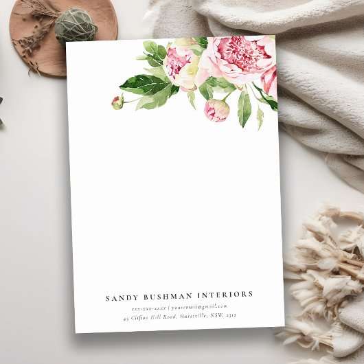 Elegante roze groene pioenroos Floral Waterverf Notitiekaartje