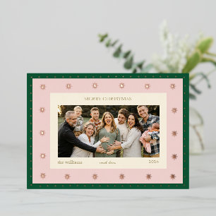 Elegante Roze Groene Sterren Kerst Familie Foto Folie Feestdagenkaart