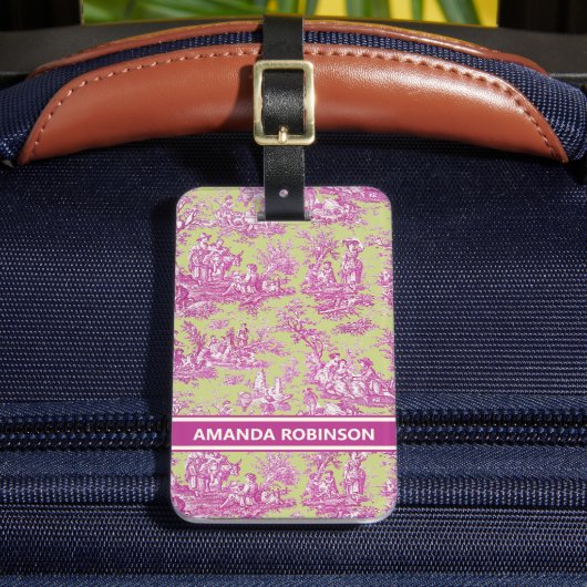 Elegante  roze groene toile de jouy bagagelabel (Voorkant Insitu 2)