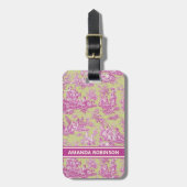Elegante  roze groene toile de jouy bagagelabel (Voorkant verticaal)