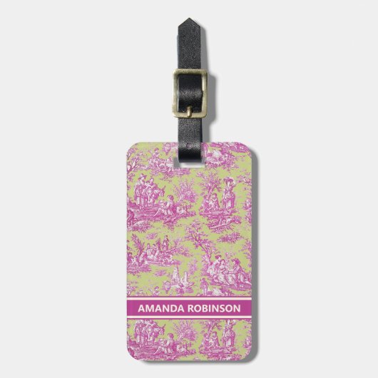 Elegante  roze groene toile de jouy bagagelabel (Voorkant verticaal)