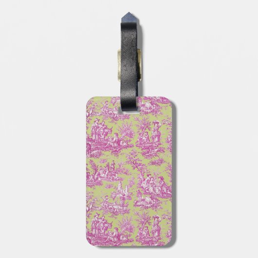 Elegante  roze groene toile de jouy bagagelabel (Achterkant verticaal)