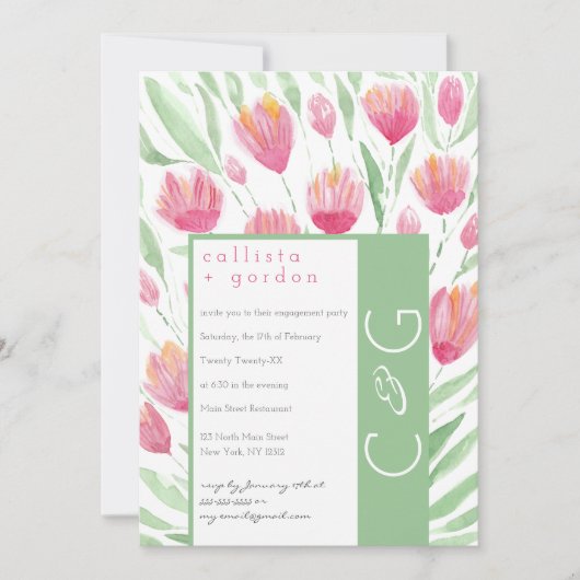 Elegante Roze Groene Tulp Bloemen Waterverf bruilo Kaart (Voorkant)