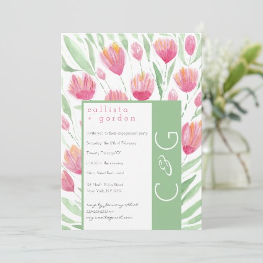 Elegante Roze Groene Tulp Bloemen Waterverf bruilo Kaart (Staand voorkant)