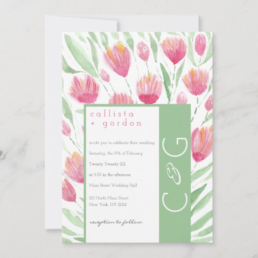 Elegante Roze Groene Tulp Bloemen Waterverf bruilo Kaart (Voorkant)