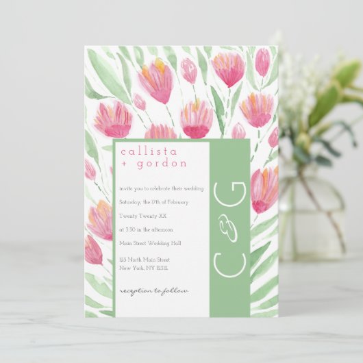 Elegante Roze Groene Tulp Bloemen Waterverf bruilo Kaart (Staand voorkant)