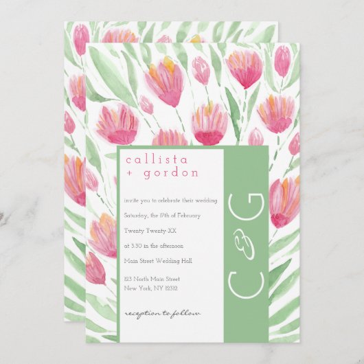 Elegante Roze Groene Tulp Bloemen Waterverf bruilo Kaart (Voorkant / Achterkant)